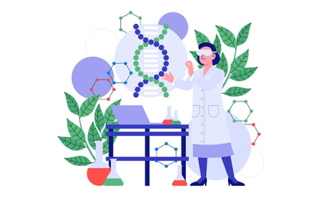 Researcher at Chromaceutic analysing natural molecular compounds surrounded by botanical extracts
